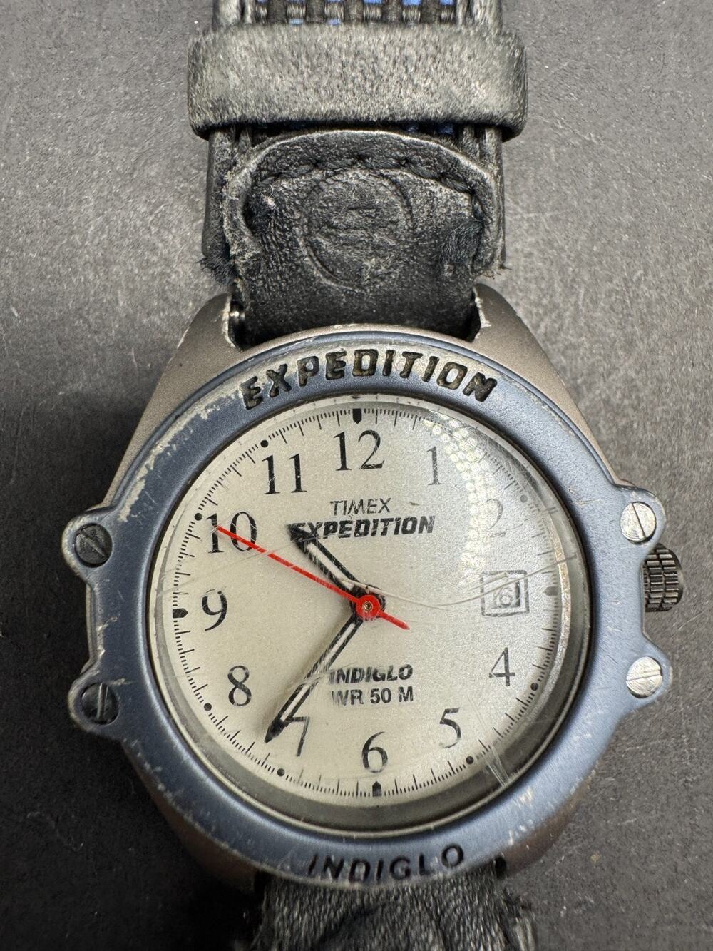 Timex Expedition Indiglo WR 50M Watch 32mm Silver Tone Black Leather Band